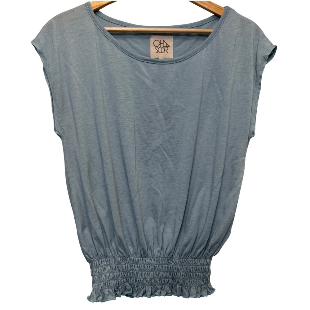 Chaser Womens Smocked Waist Top M Blue Sleeveless Ruffle Hem Boho Aesthetic